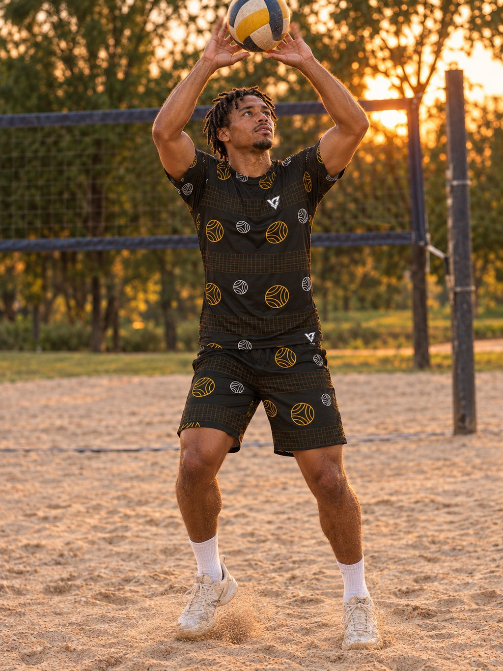Volleyball Gold Rush Spike Panel Men's Athletic Shorts with Pockets, in action
