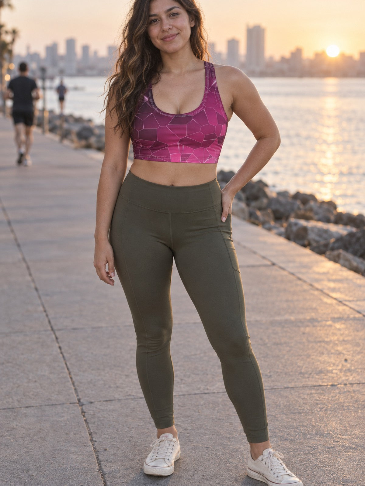 Woman wearing the Berry Shatter Sports Bra