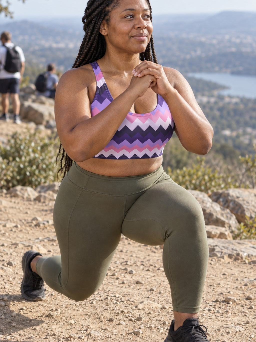 Woman wearing the Lilac Zigzag Sports Bra