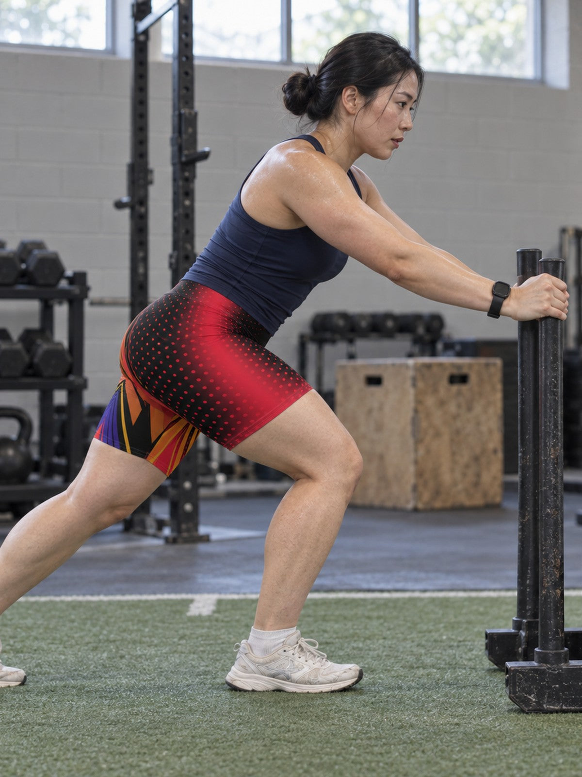 Tech-Stripe Women's Biker Shorts | Graphic Activewear – gym training, side view