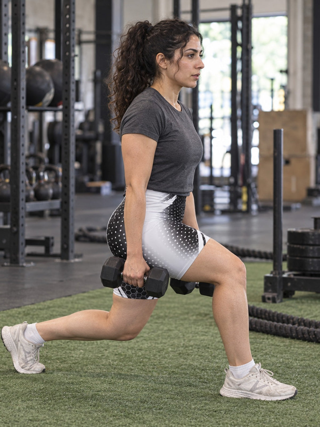 Black & White Geometric Biker Shorts — Abstract Stripes & Honeycomb Activewear – gym training, side view