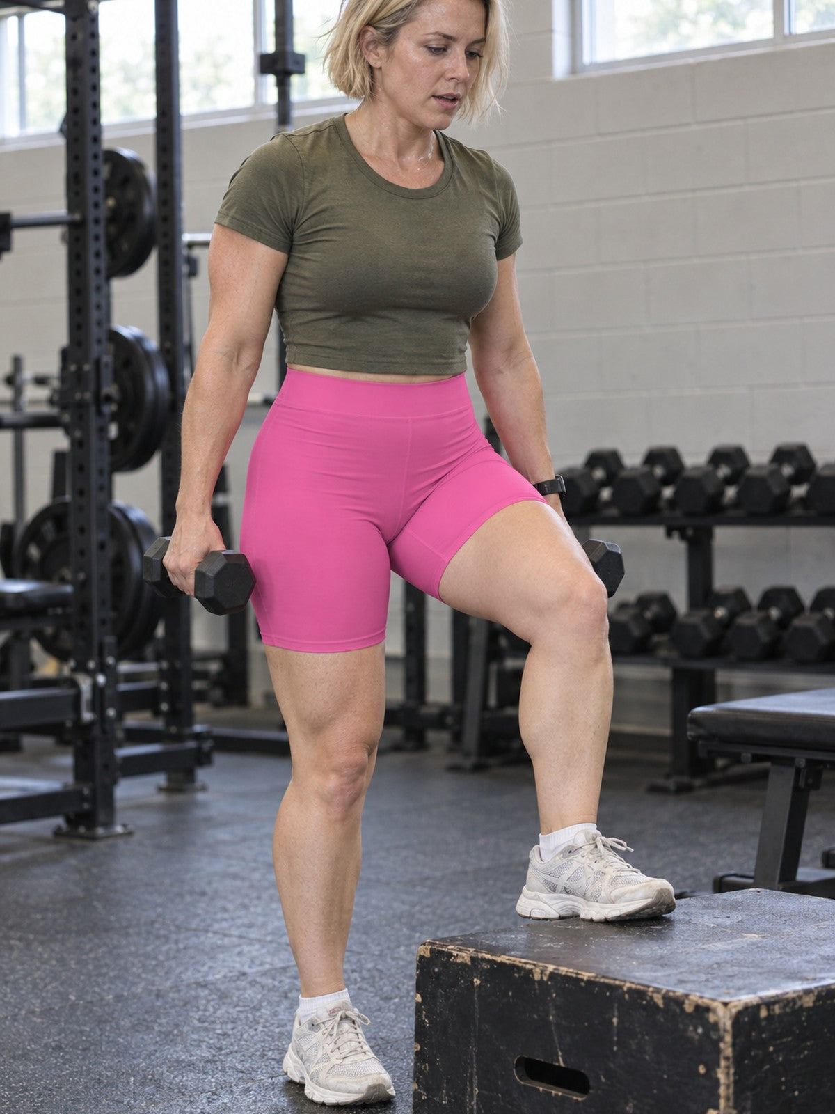 Pink Women's Biker Shorts — High-Waist Activewear Cycling & Workout Shorts – gym training, front view