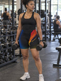 Electric Sunset Biker Shorts | Blue-to-Orange Gradient Geometric Activewear – gym training, front view