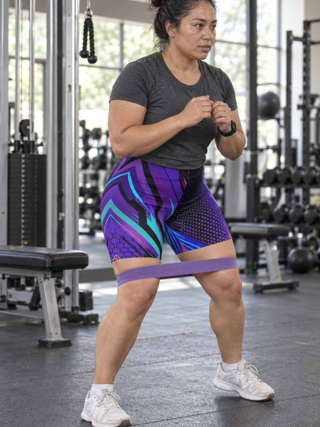 Cyber Circuit Biker Shorts - Purple & Teal Tech Geometric Activewear – gym training, front view