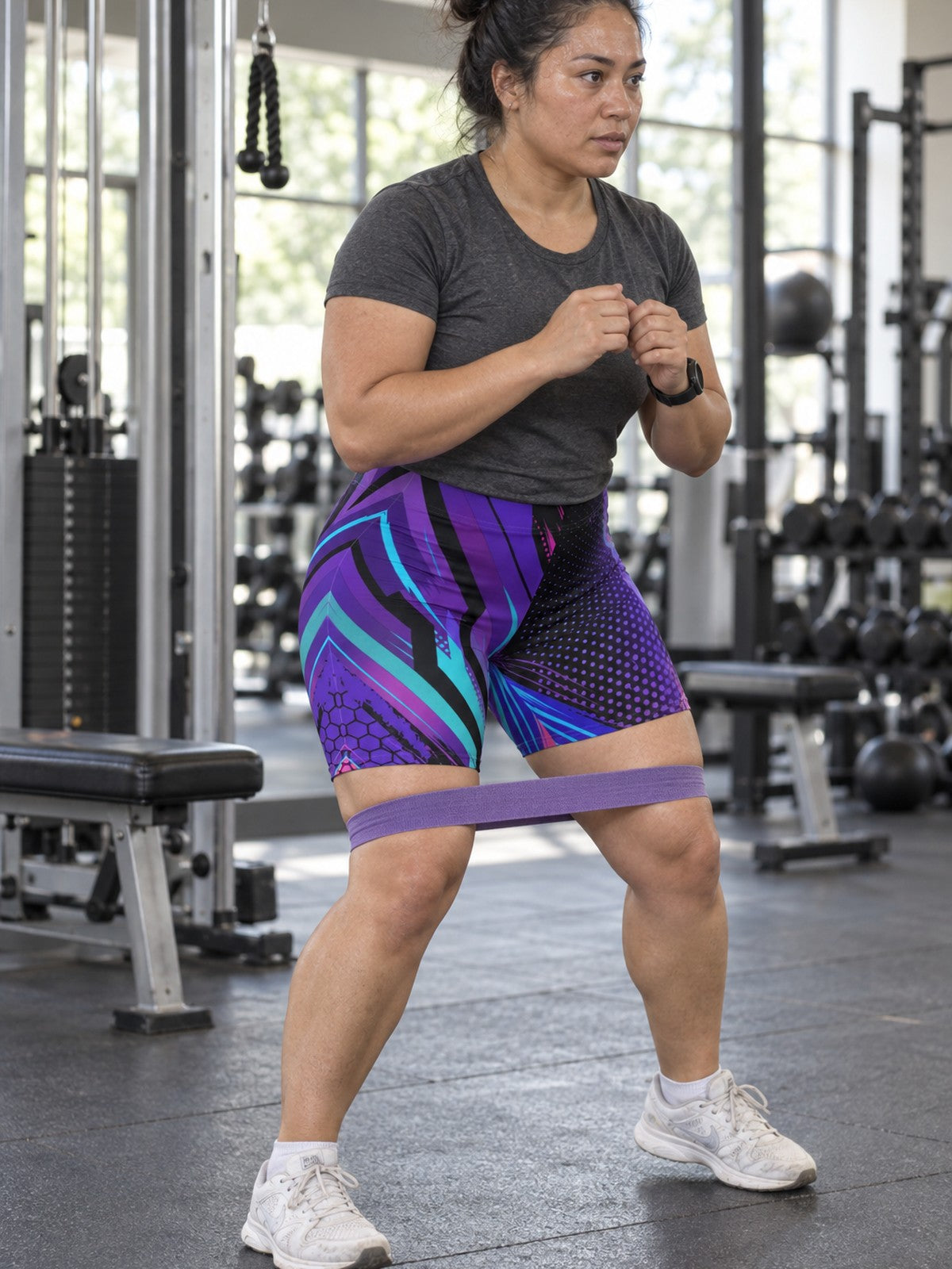 Cyber Circuit Biker Shorts - Purple & Teal Tech Geometric Activewear – gym training, front view