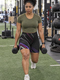 Women Shadow Prism Biker Shorts | Black, Purple & Pink Geometric Activewear – gym training, front view