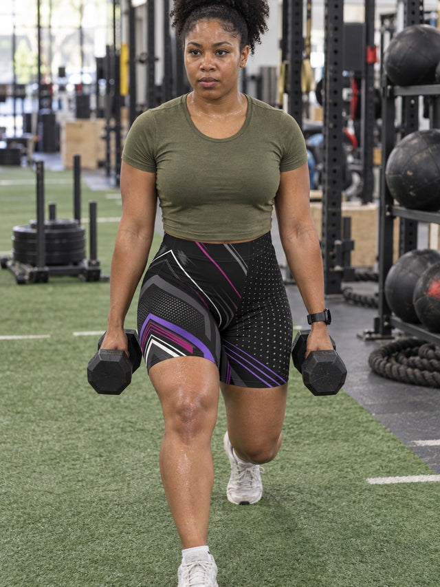 Women Shadow Prism Biker Shorts | Black, Purple & Pink Geometric Activewear