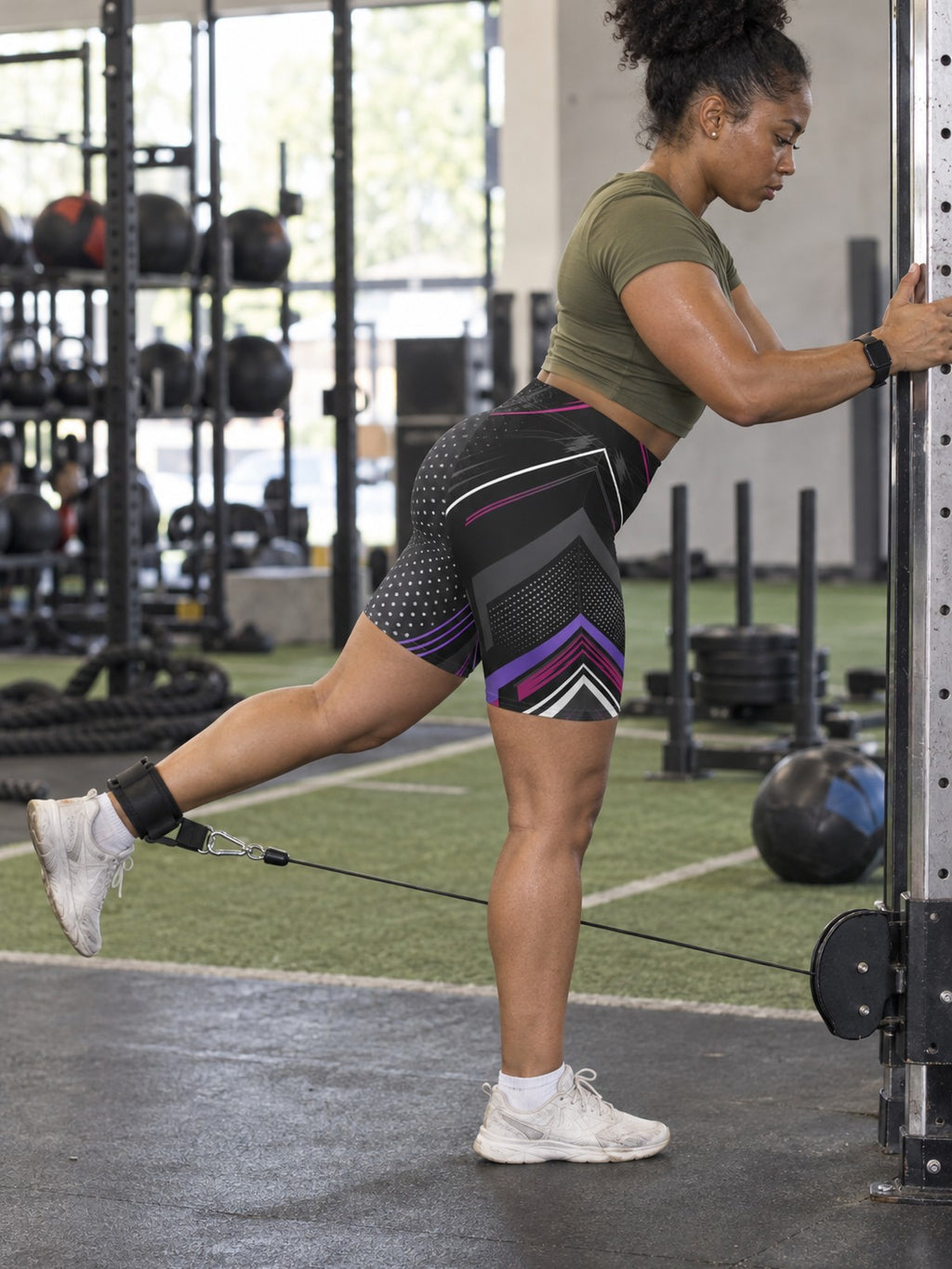 Women Shadow Prism Biker Shorts | Black, Purple & Pink Geometric Activewear – gym training, side view