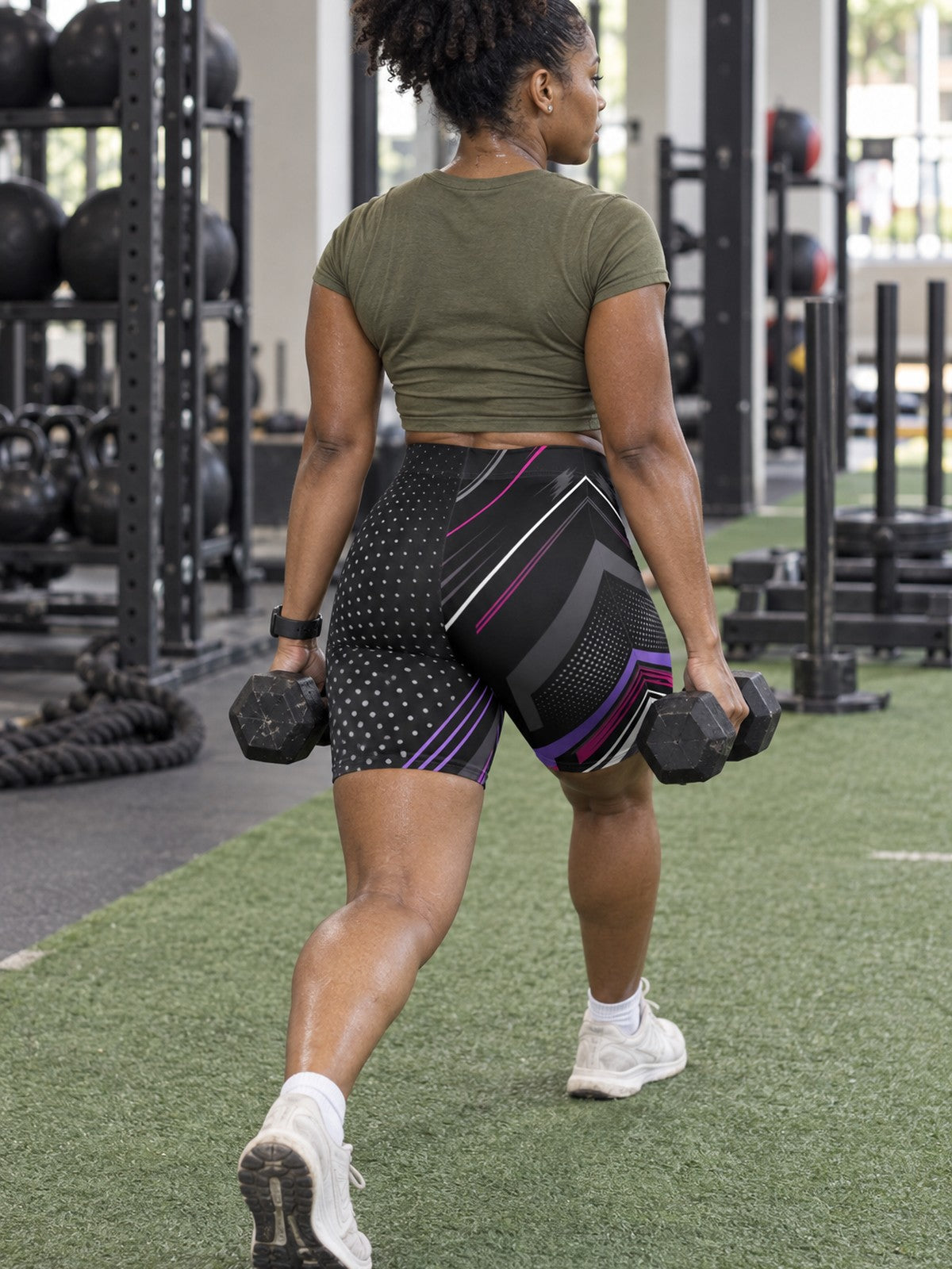 Women Shadow Prism Biker Shorts | Black, Purple & Pink Geometric Activewear – gym training, rear view