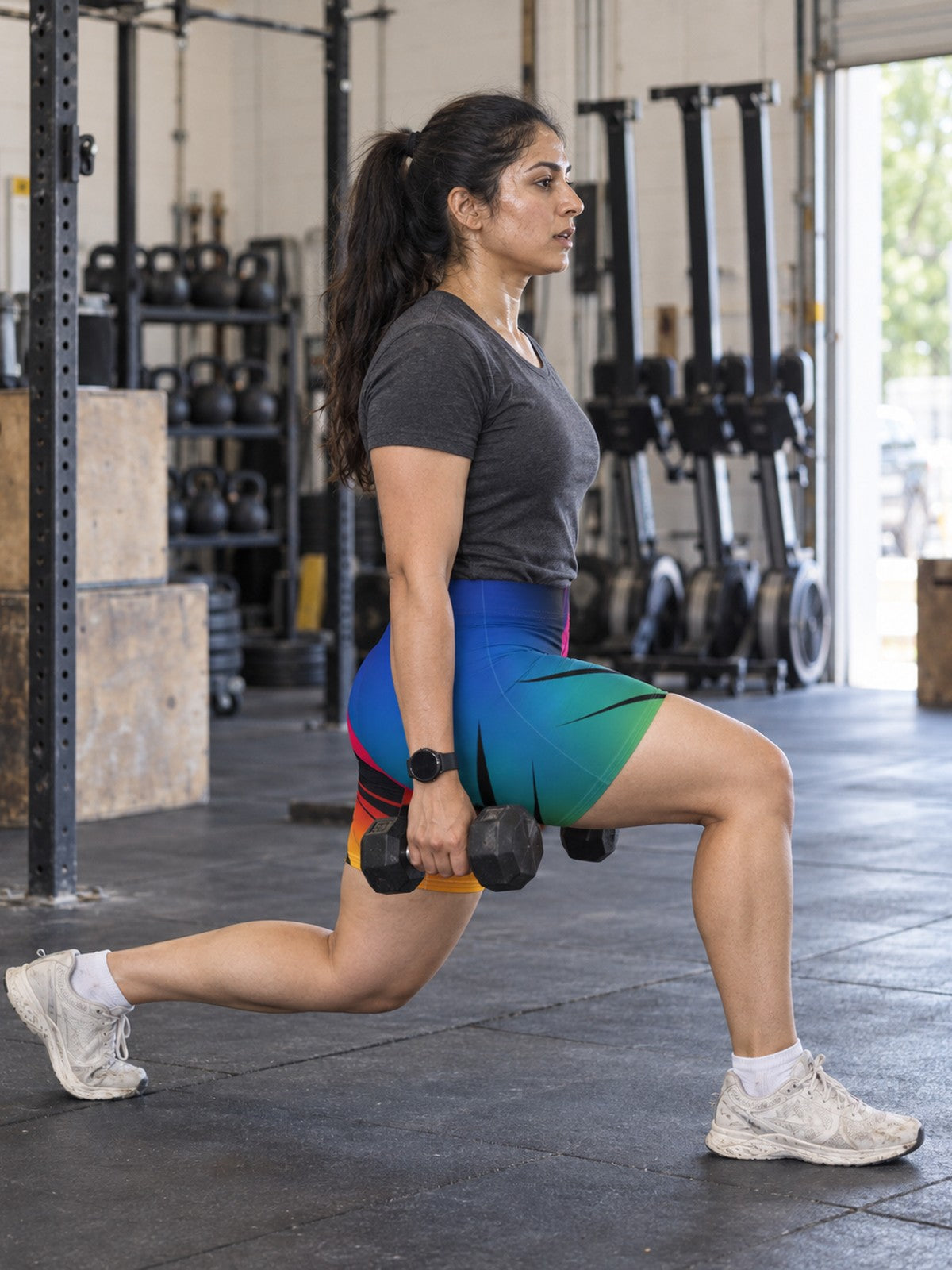 Women Dual Spectrum Biker Shorts | Blue & Sunset Gradient Geometric Activewear – gym training, side view