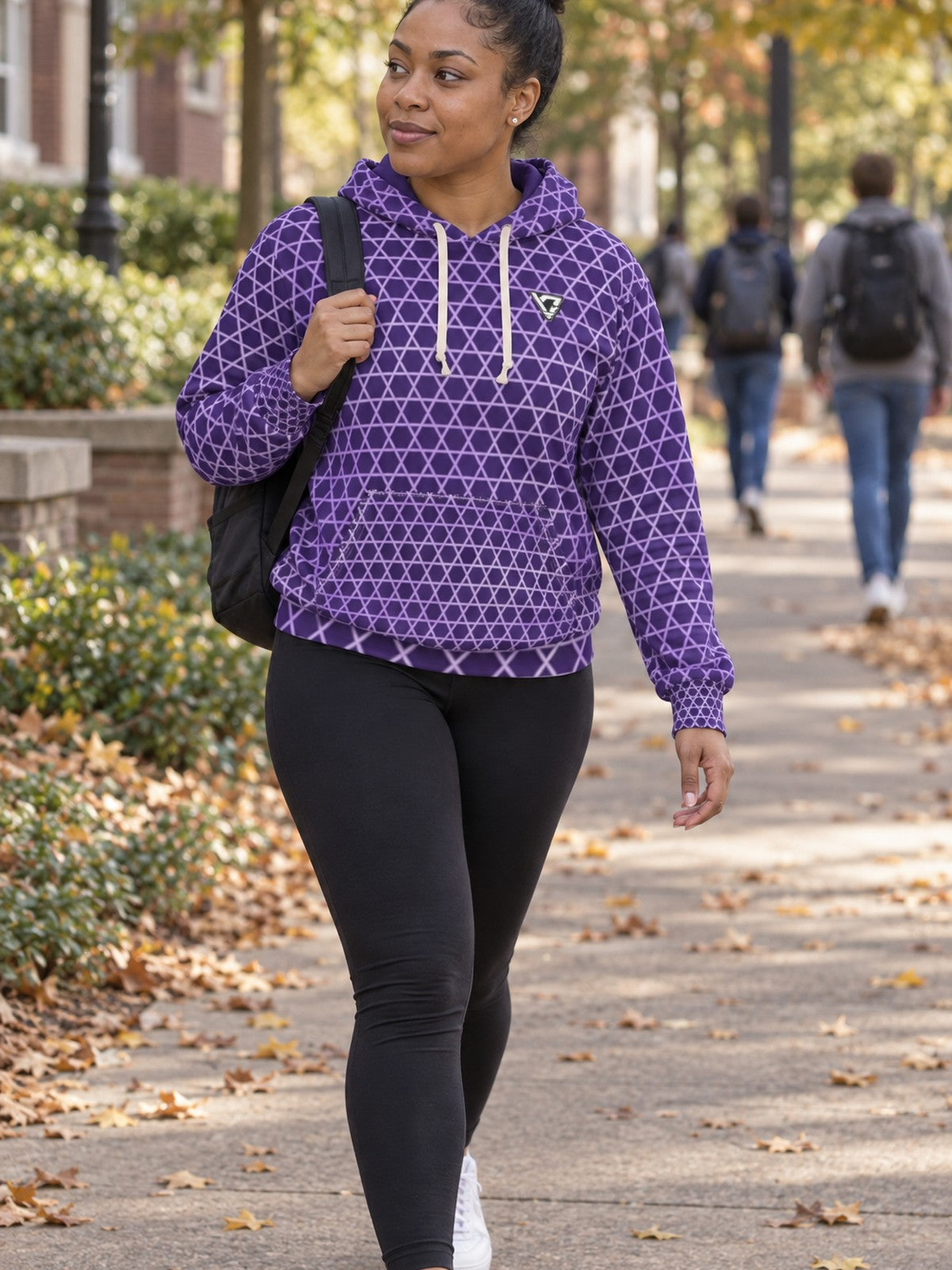 Woman wearing the Lilac Hex Grid Women's Pullover Hoodie