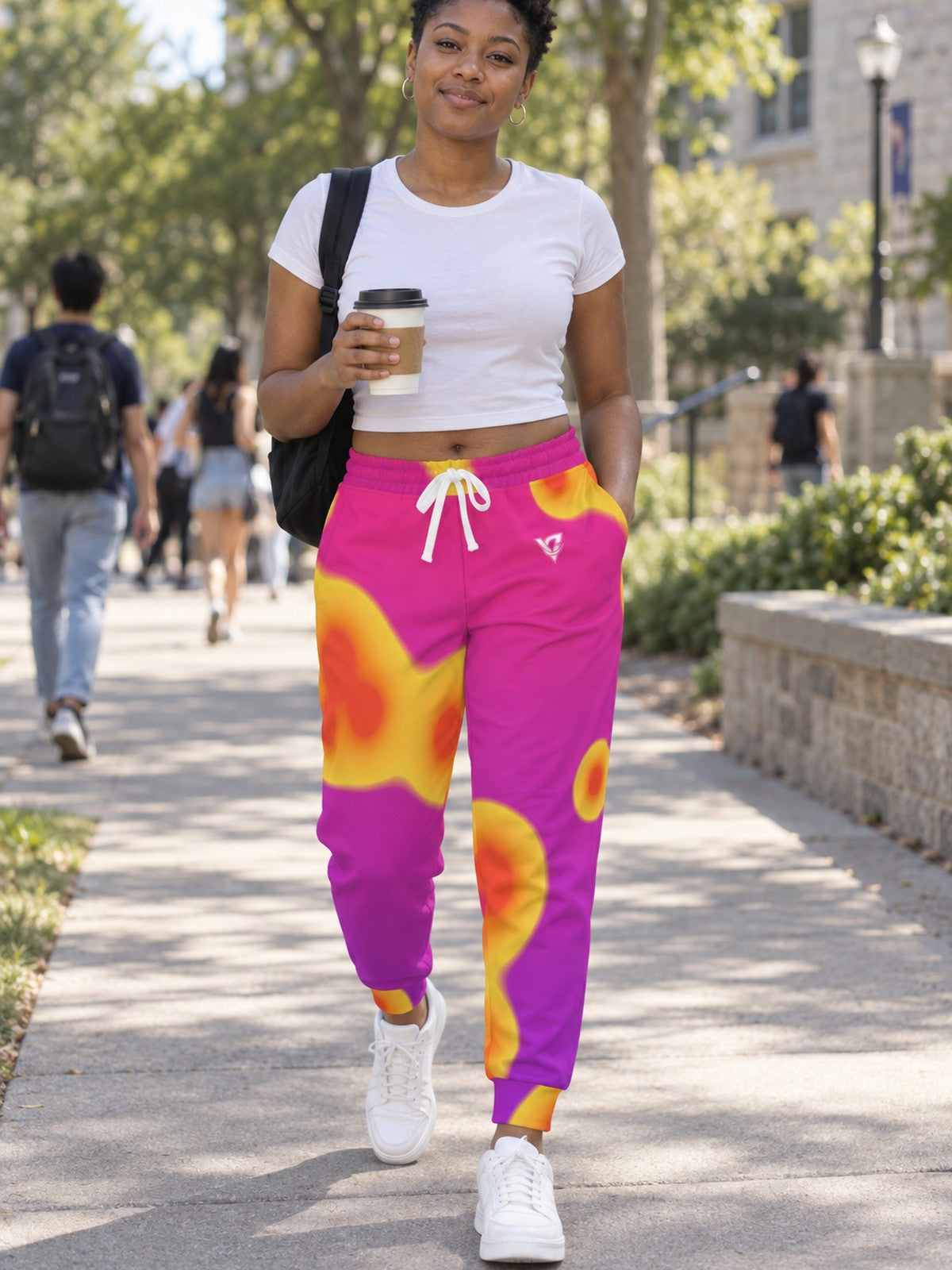 Woman wearing Vantacore Lava Lamp all-over print joggers, front view