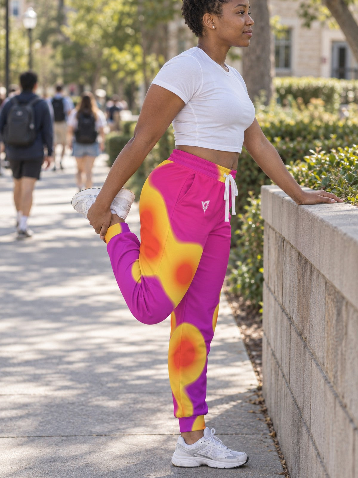 Woman wearing Vantacore Lava Lamp all-over print joggers, side view