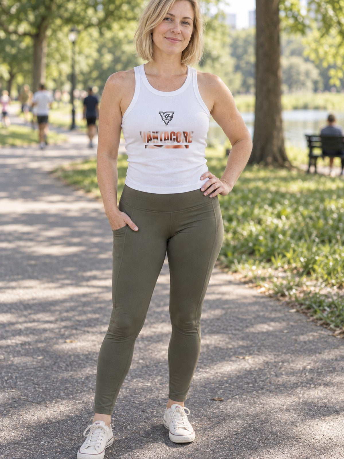 Woman wearing the Peach Tie-Dye Women's Racerback Tank