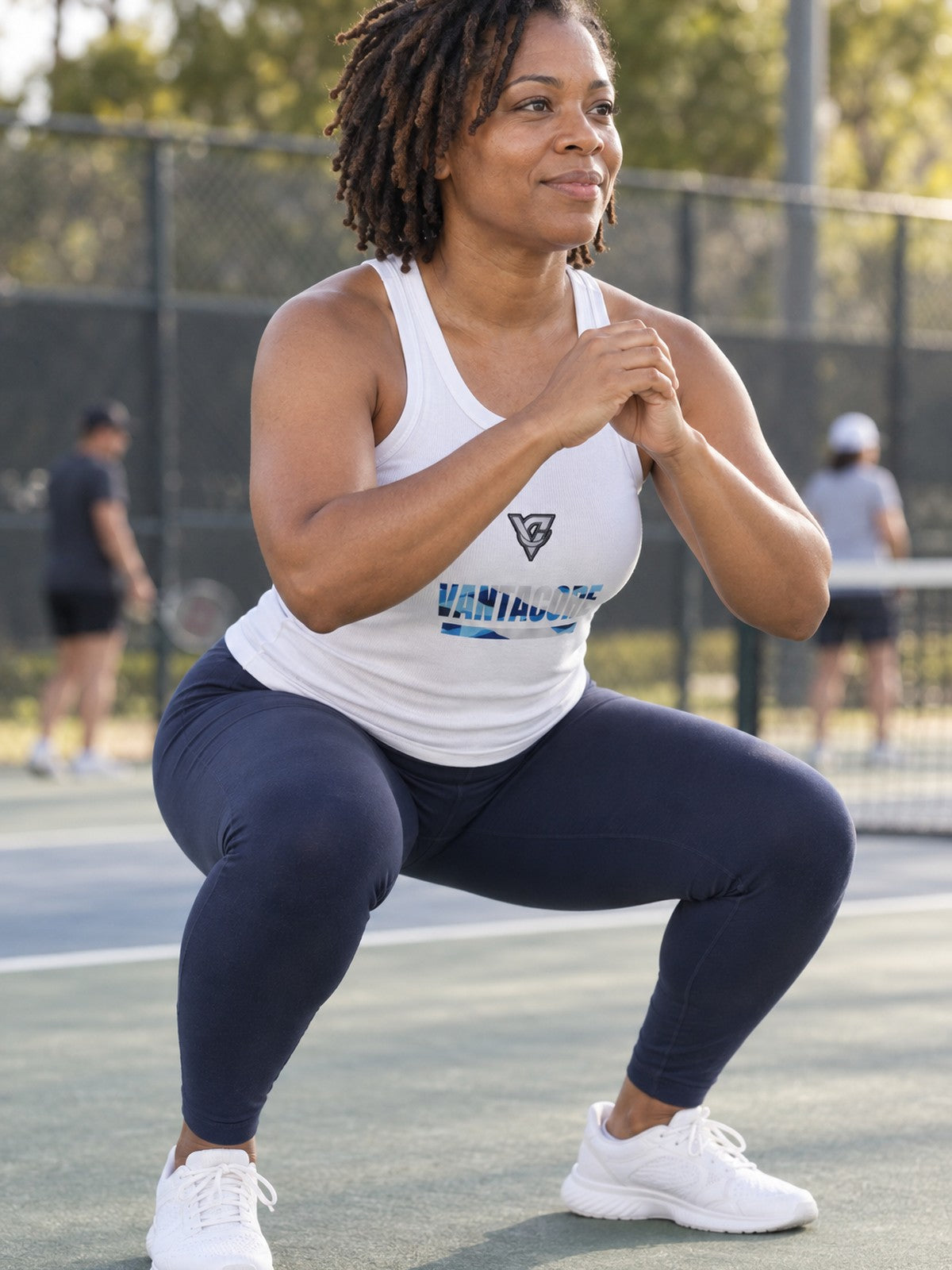 Woman wearing the Ocean Brushstroke Women's Racerback Tank