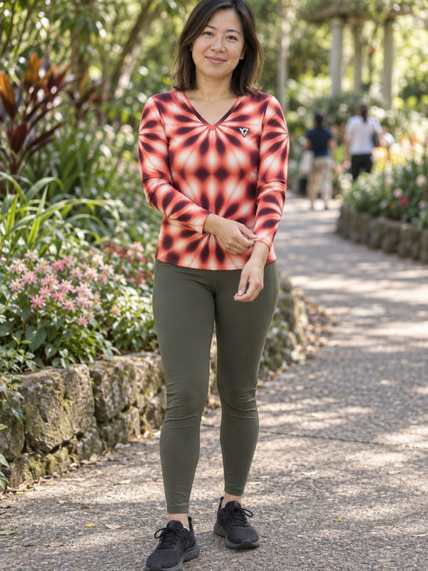 Coral Kaleidoscope Women's Long Sleeve V-Neck Athletic Top