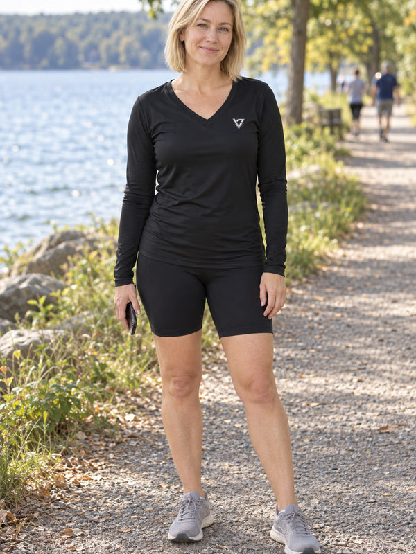 Jet Black Essential Women's Long Sleeve V-Neck Athletic Top