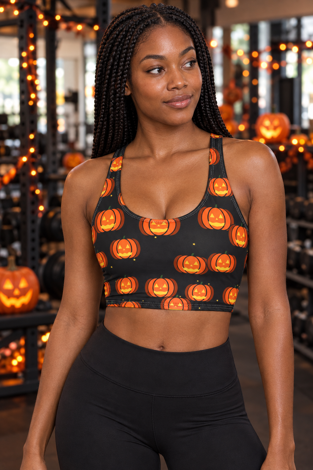 Halloween Candy Corn Jack-O'-Lantern women's scoop-neck sports bra worn on a model