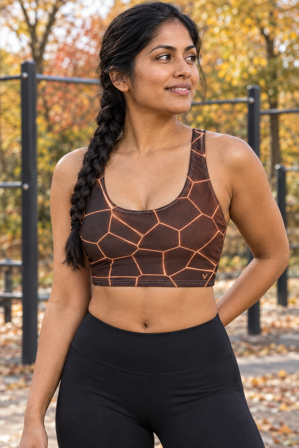Cinnamon Rift women's scoop-neck sports bra worn on a model