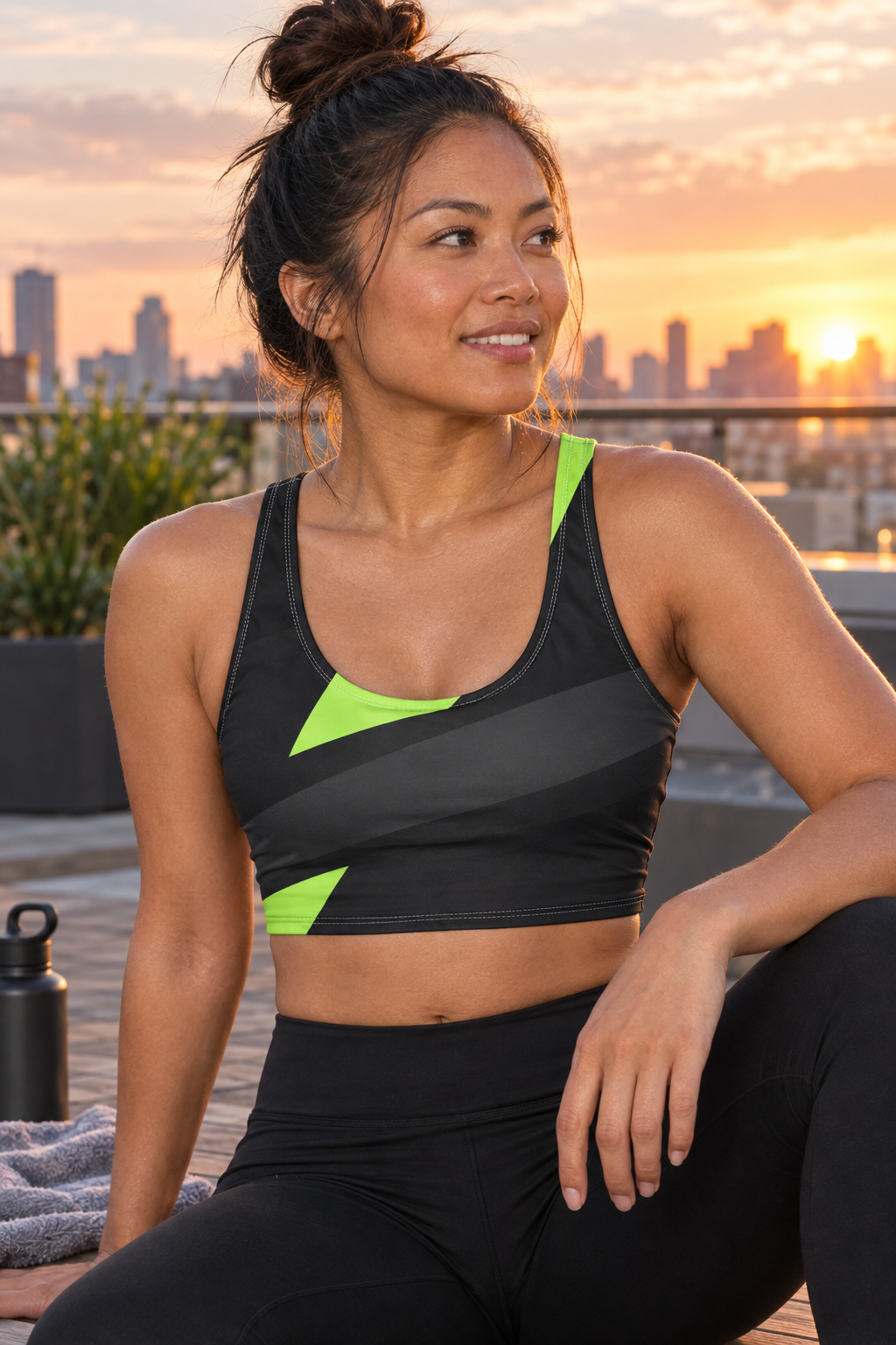 Graphite Shard women's scoop-neck sports bra worn on a model