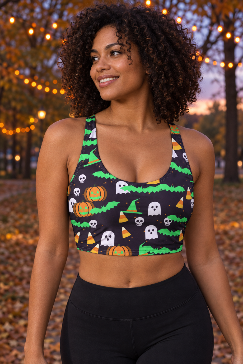 Halloween Hocus Pocus Spooky Mix women's scoop-neck sports bra worn on a model