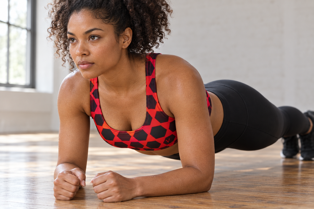 Infrared Hex Grid women's scoop-neck sports bra worn on a model