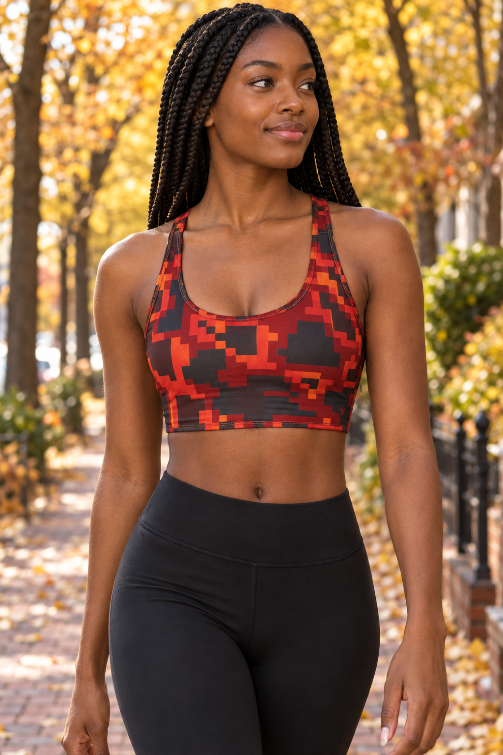Maple Digital Camo women's scoop-neck sports bra worn on a model
