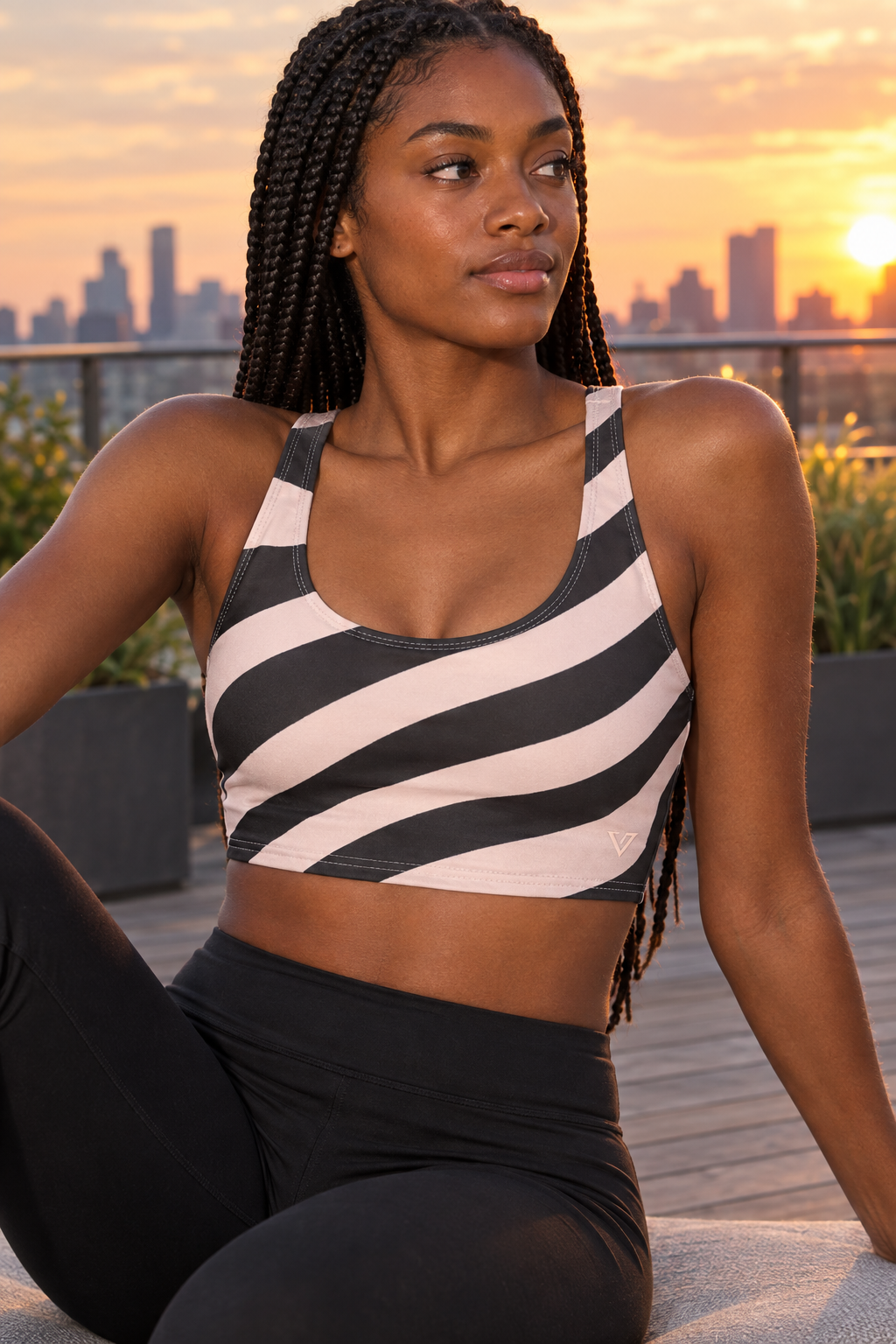 Rose Gold Zebra women's scoop-neck sports bra worn on a model