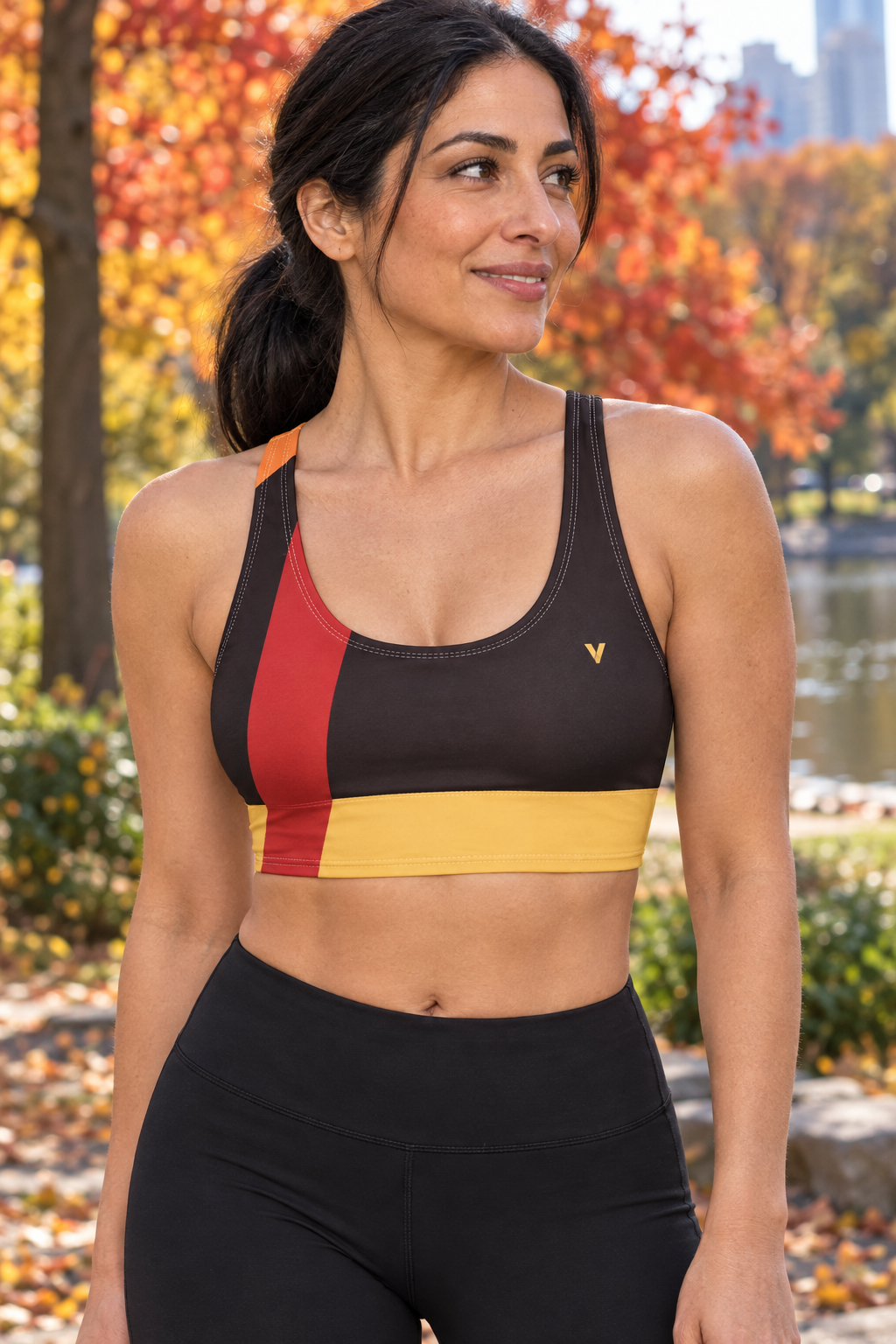 Sunset Orchard Shard women's scoop-neck sports bra worn on a model
