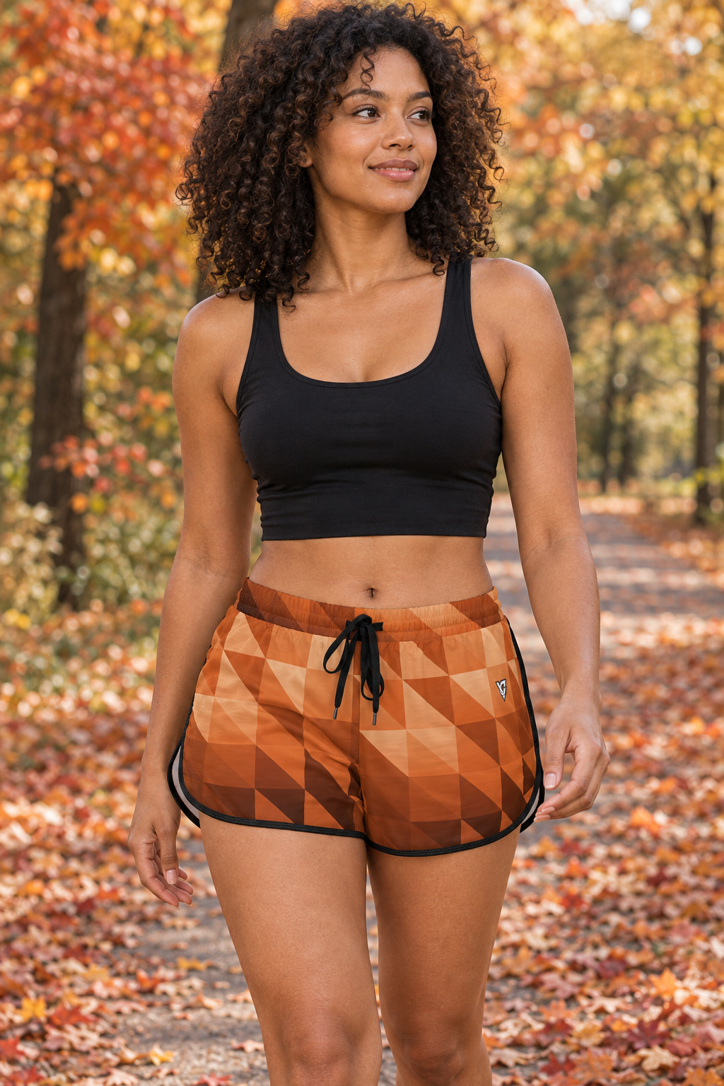 Cinnamon Low-Poly women's relaxed running shorts worn on a model