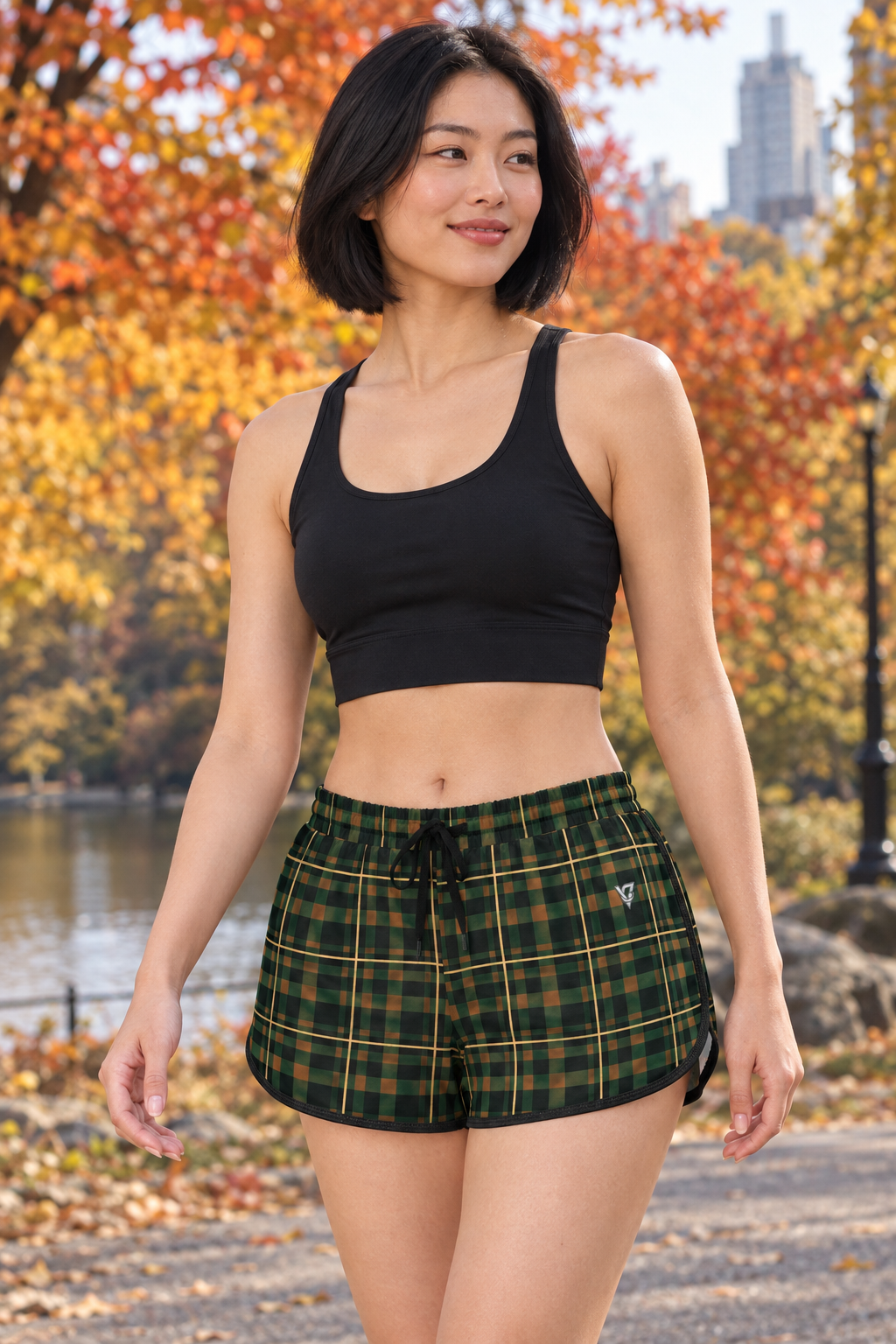 Evergreen Ember Flannel women's relaxed running shorts worn on a model