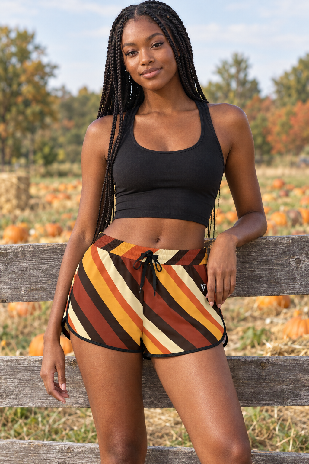 Golden Hour Stripe women's relaxed running shorts worn on a model