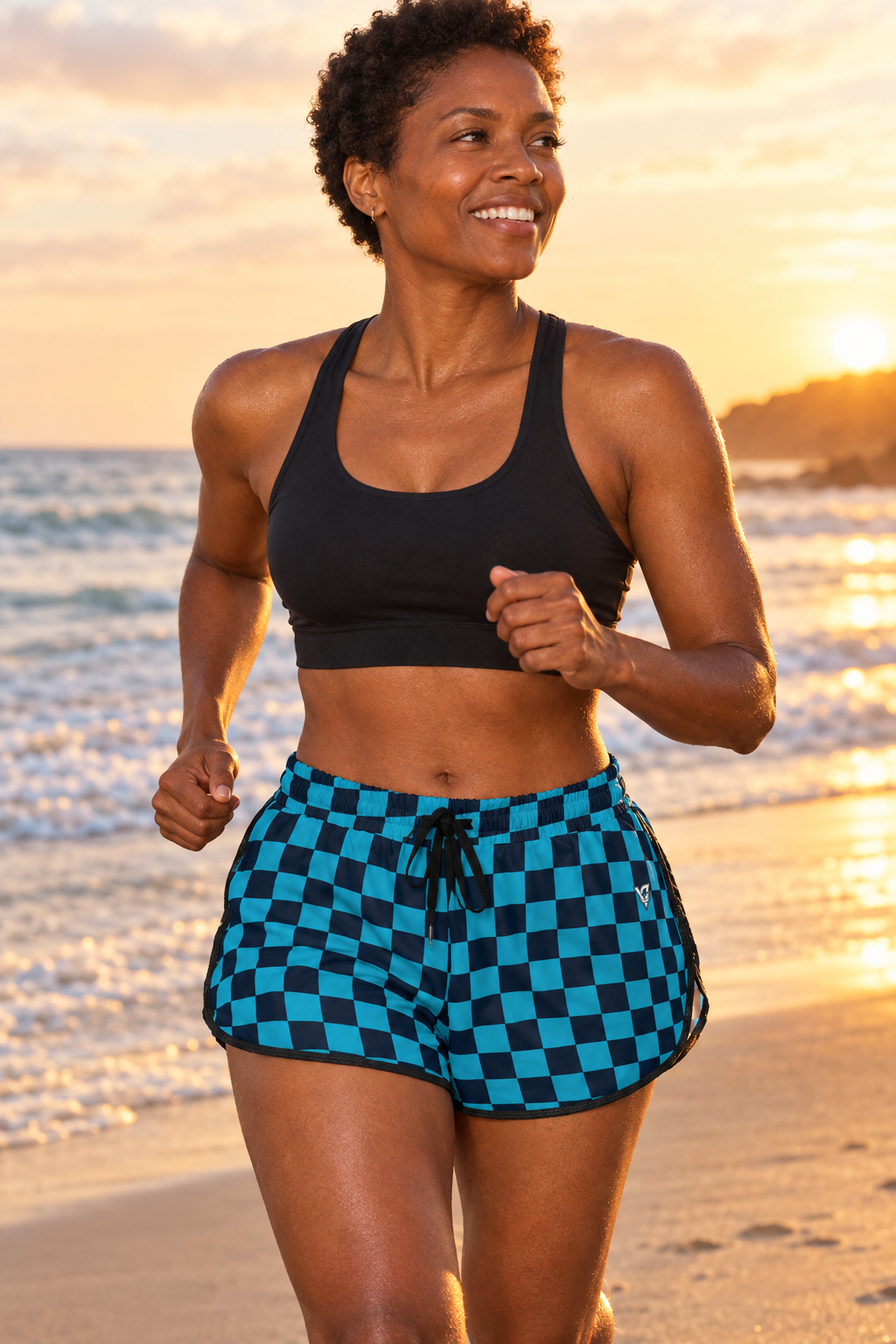 Ocean Warp Check women's relaxed running shorts worn on a model