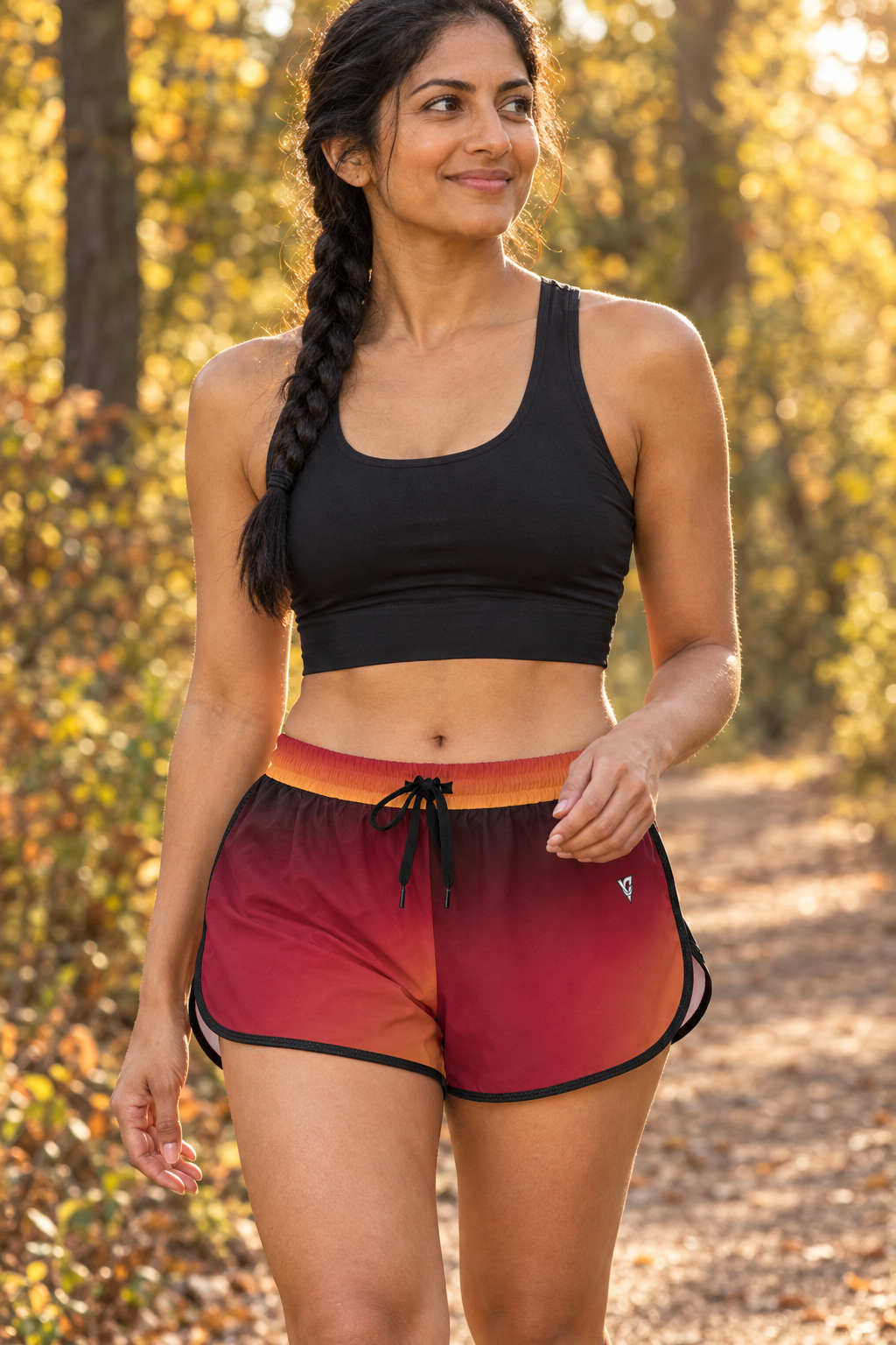 Spiced Wine Ombre women's relaxed running shorts worn on a model