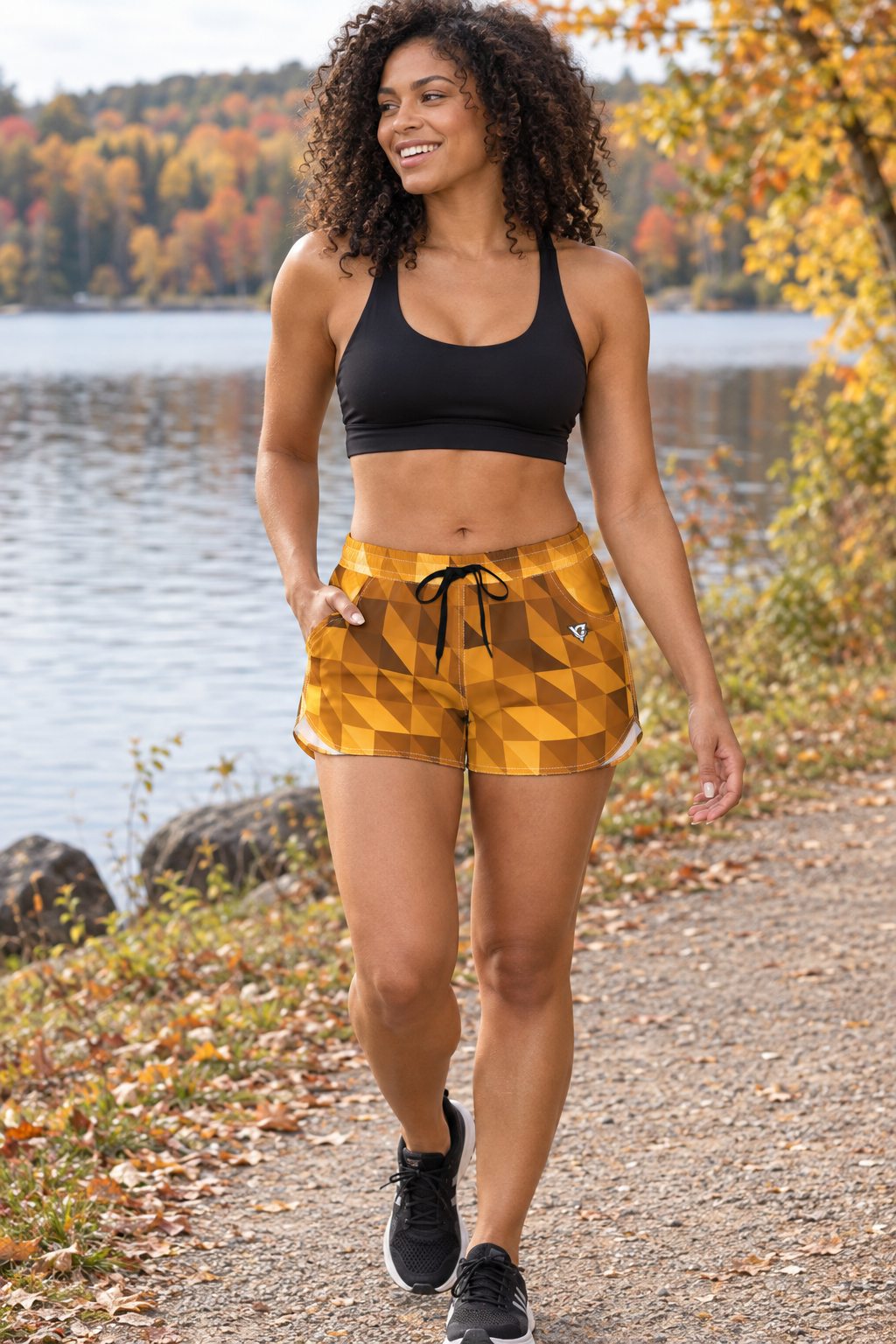Amber Low-Poly women's lightweight athletic shorts worn on a model