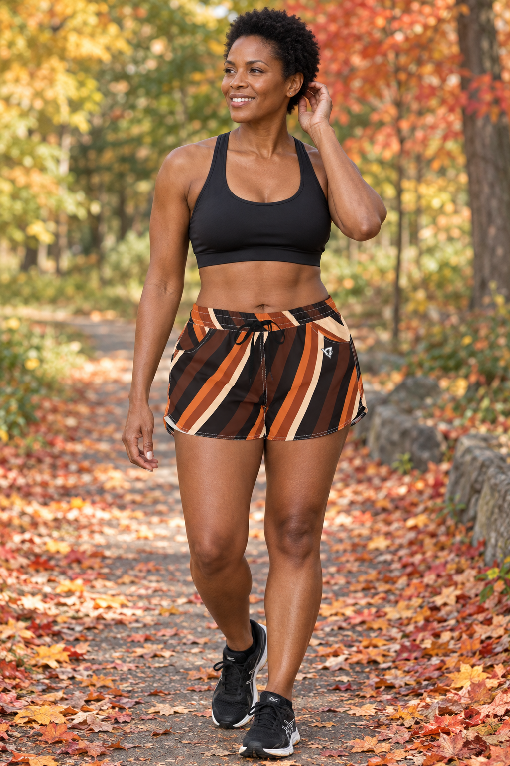 Cinnamon Stripe women's lightweight athletic shorts worn on a model