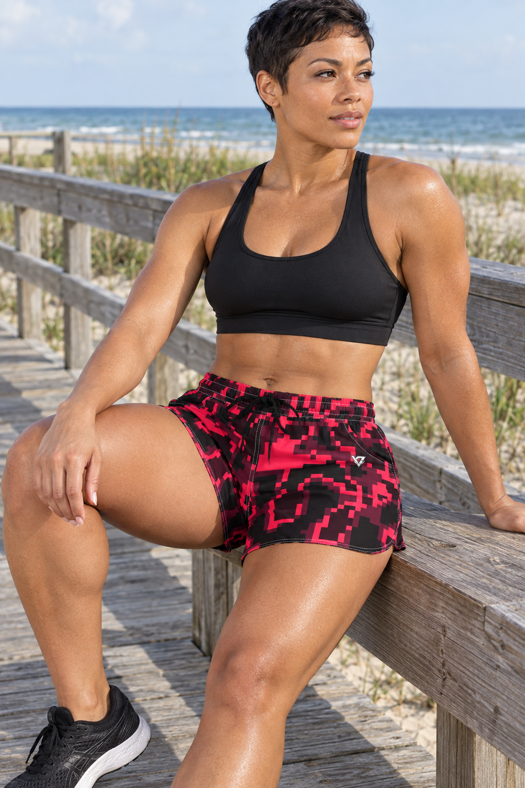 Infrared Digital Camo women's lightweight athletic shorts worn on a model