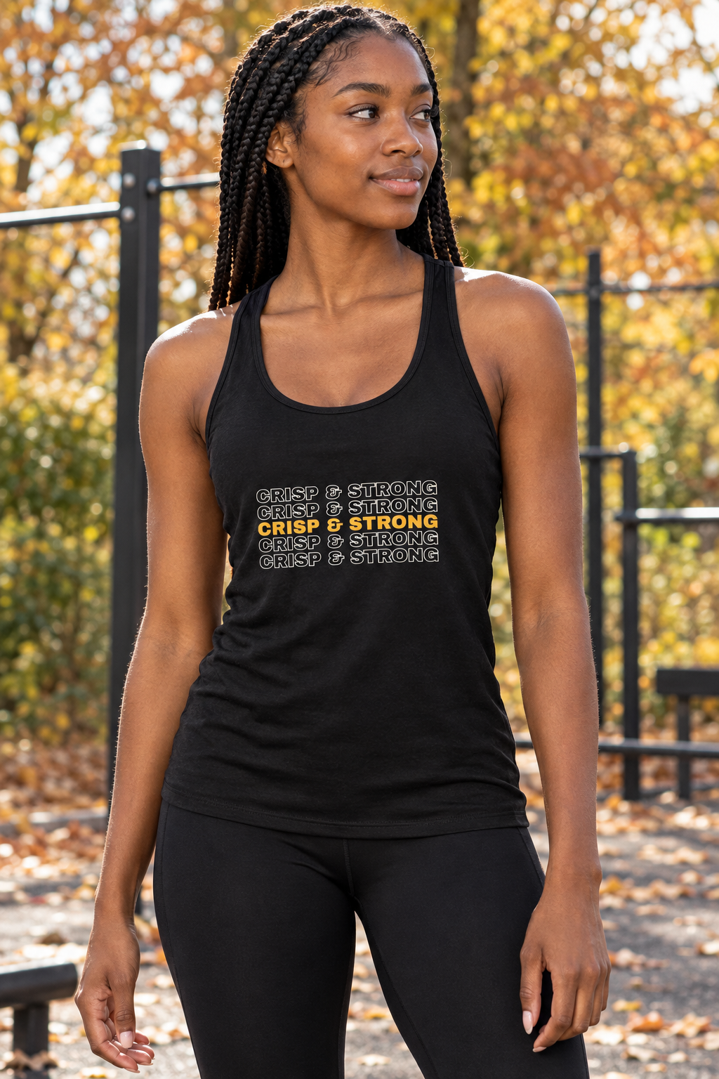 Crisp & Strong women's racerback performance tank top worn on a model