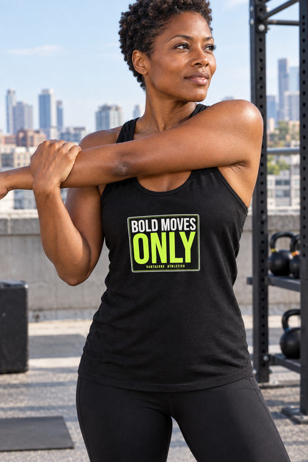Bold Moves Only women's racerback performance tank top worn on a model