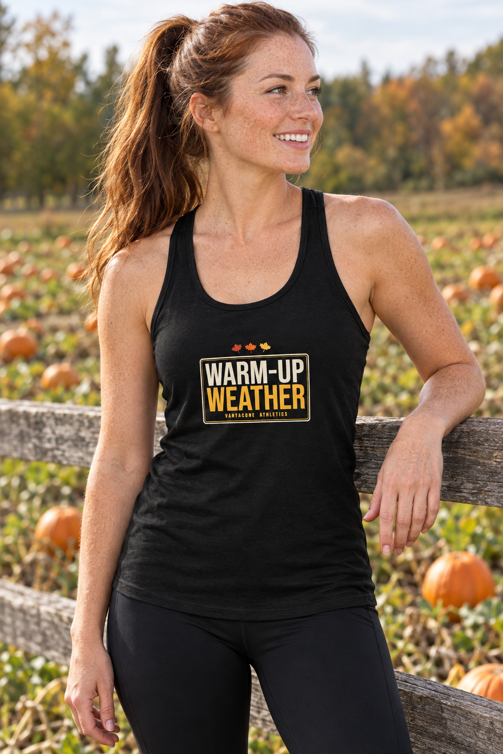 Warm-Up Weather women's racerback performance tank top worn on a model