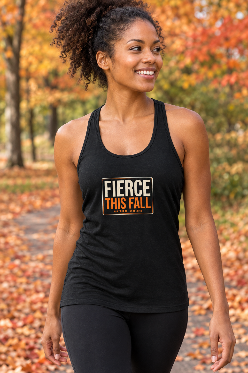 Fierce This Fall women's racerback performance tank top worn on a model