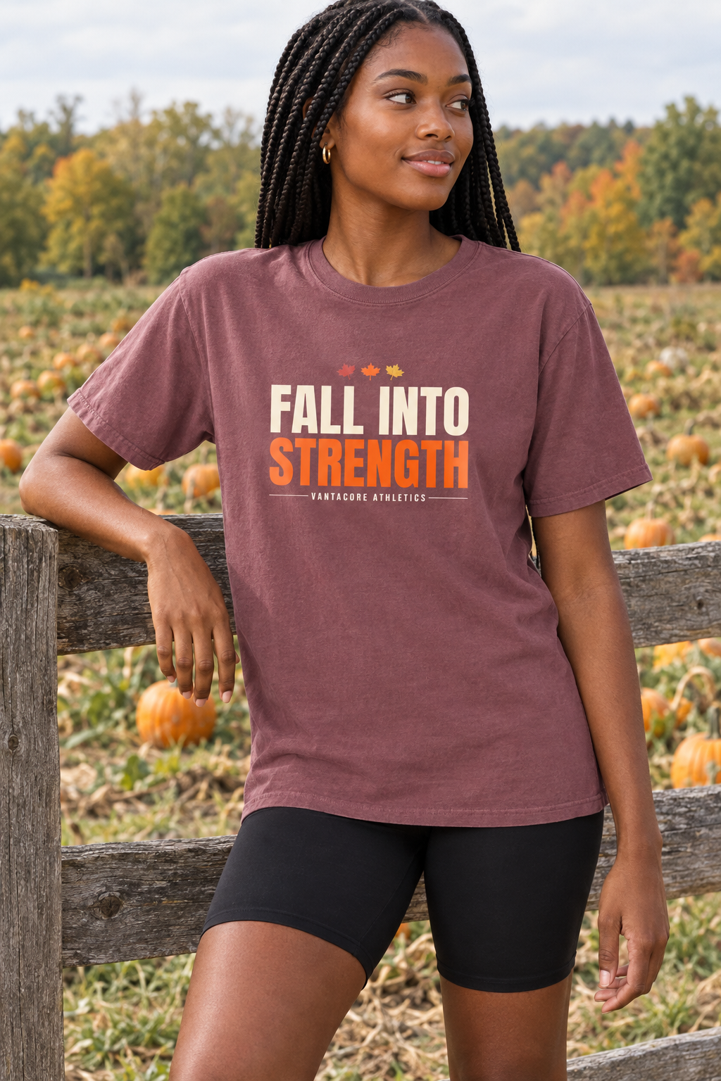 Fall Into Strength women's relaxed garment-dyed crew-neck t-shirt worn on a model