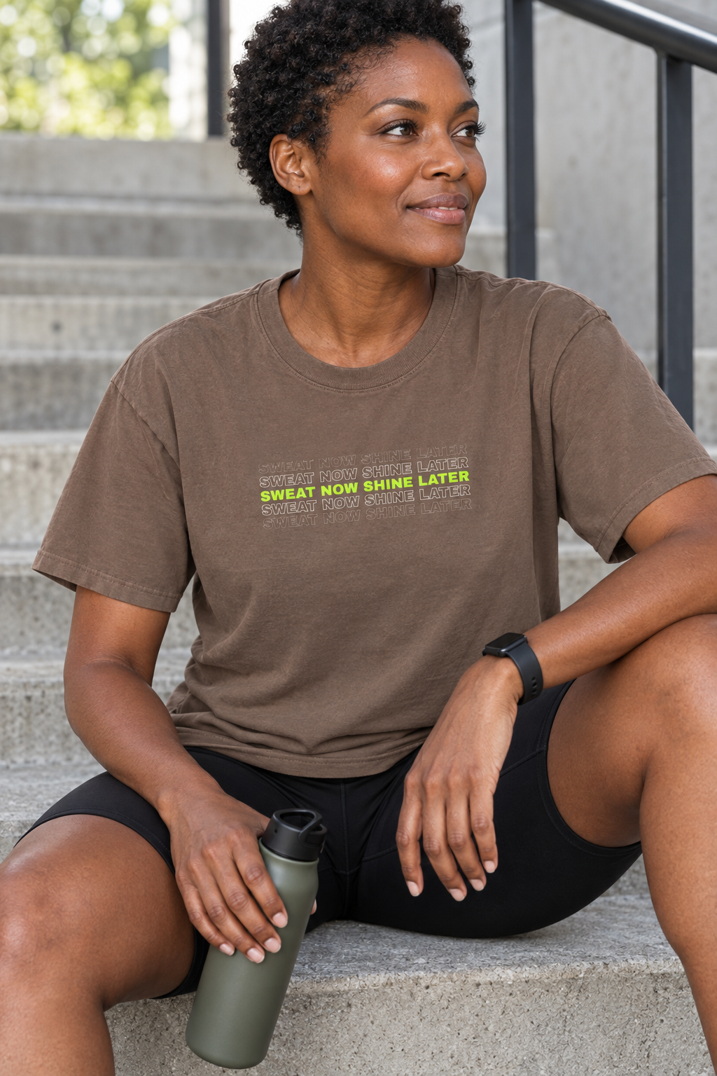 Sweat Now Shine Later women's relaxed garment-dyed crew-neck t-shirt worn on a model