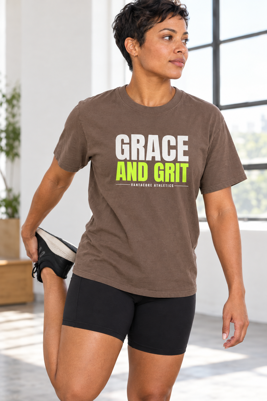 Grace And Grit women's relaxed garment-dyed crew-neck t-shirt worn on a model
