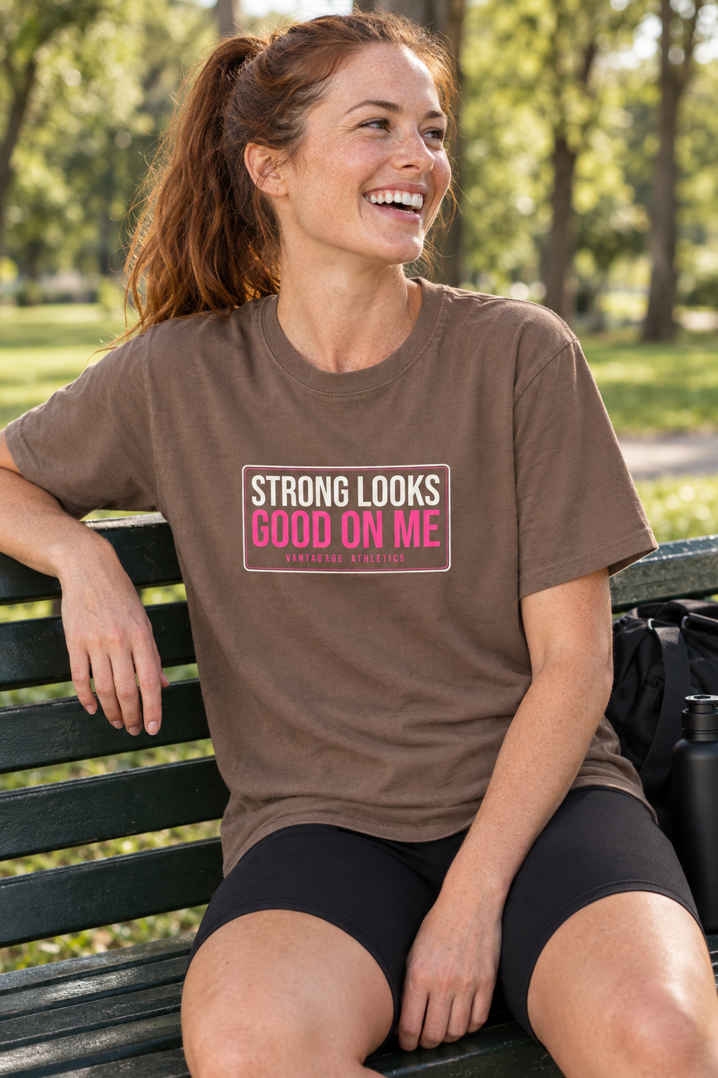 Strong Looks Good On Me women's relaxed garment-dyed crew-neck t-shirt worn on a model