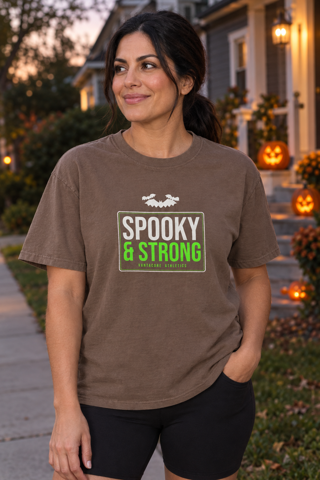 Spooky & Strong Halloween women's relaxed garment-dyed crew-neck t-shirt worn on a model