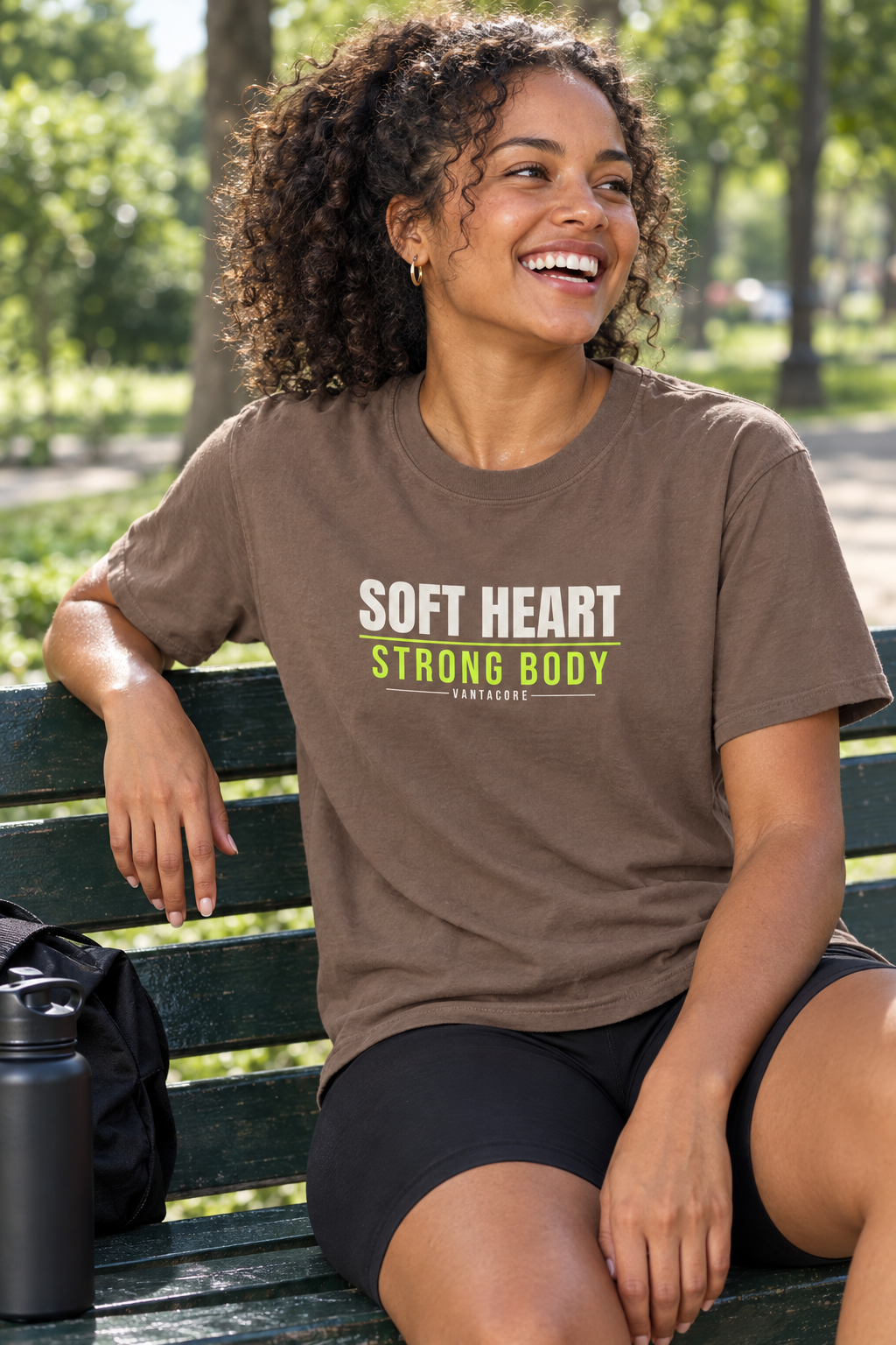 Soft Heart Strong Body women's relaxed garment-dyed crew-neck t-shirt worn on a model