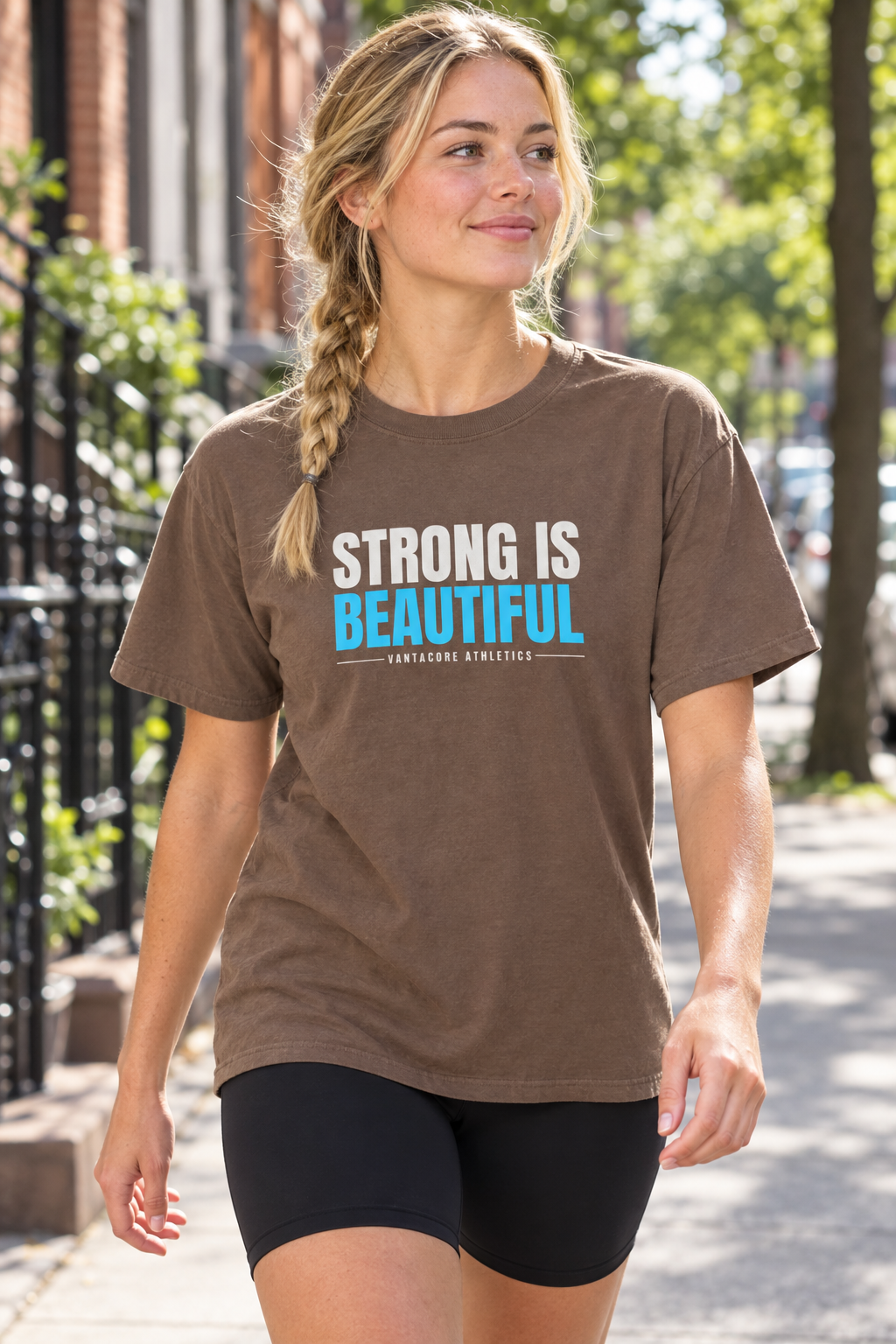 Strong Is Beautiful women's relaxed garment-dyed crew-neck t-shirt worn on a model