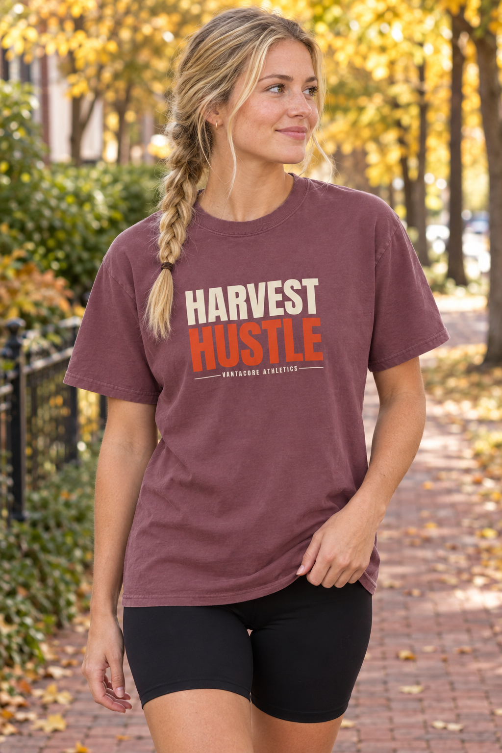 Harvest Hustle women's relaxed garment-dyed crew-neck t-shirt worn on a model