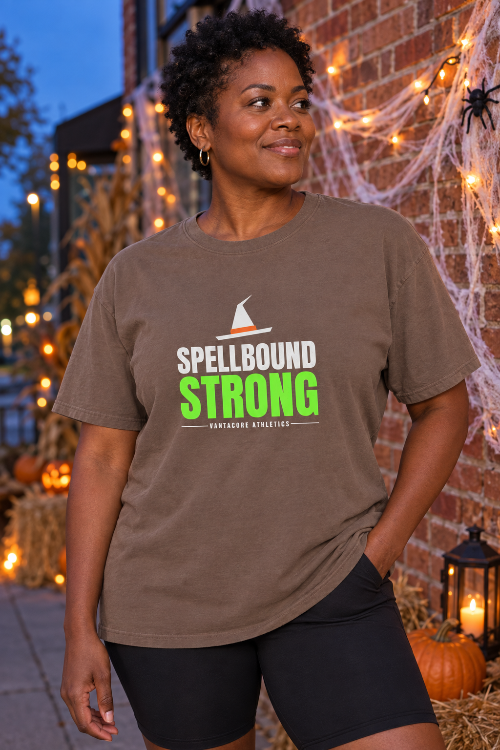 Spellbound Strong Halloween women's relaxed garment-dyed crew-neck t-shirt worn on a model